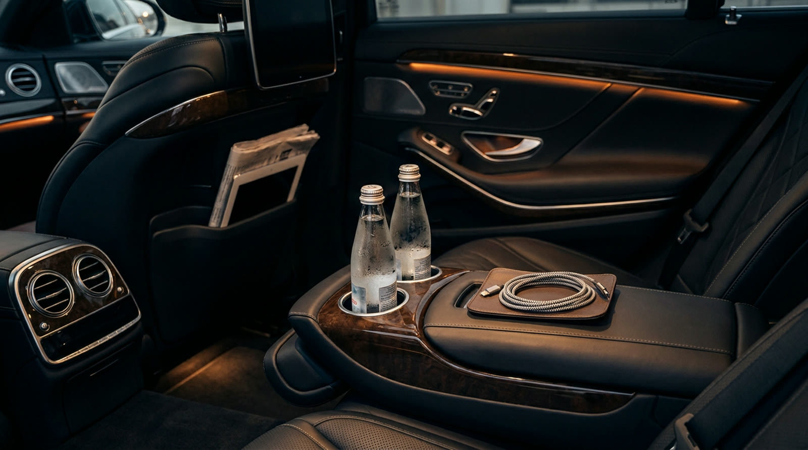 The plush leather rear cabin of an executive sedan, stocked with water and a charging cable