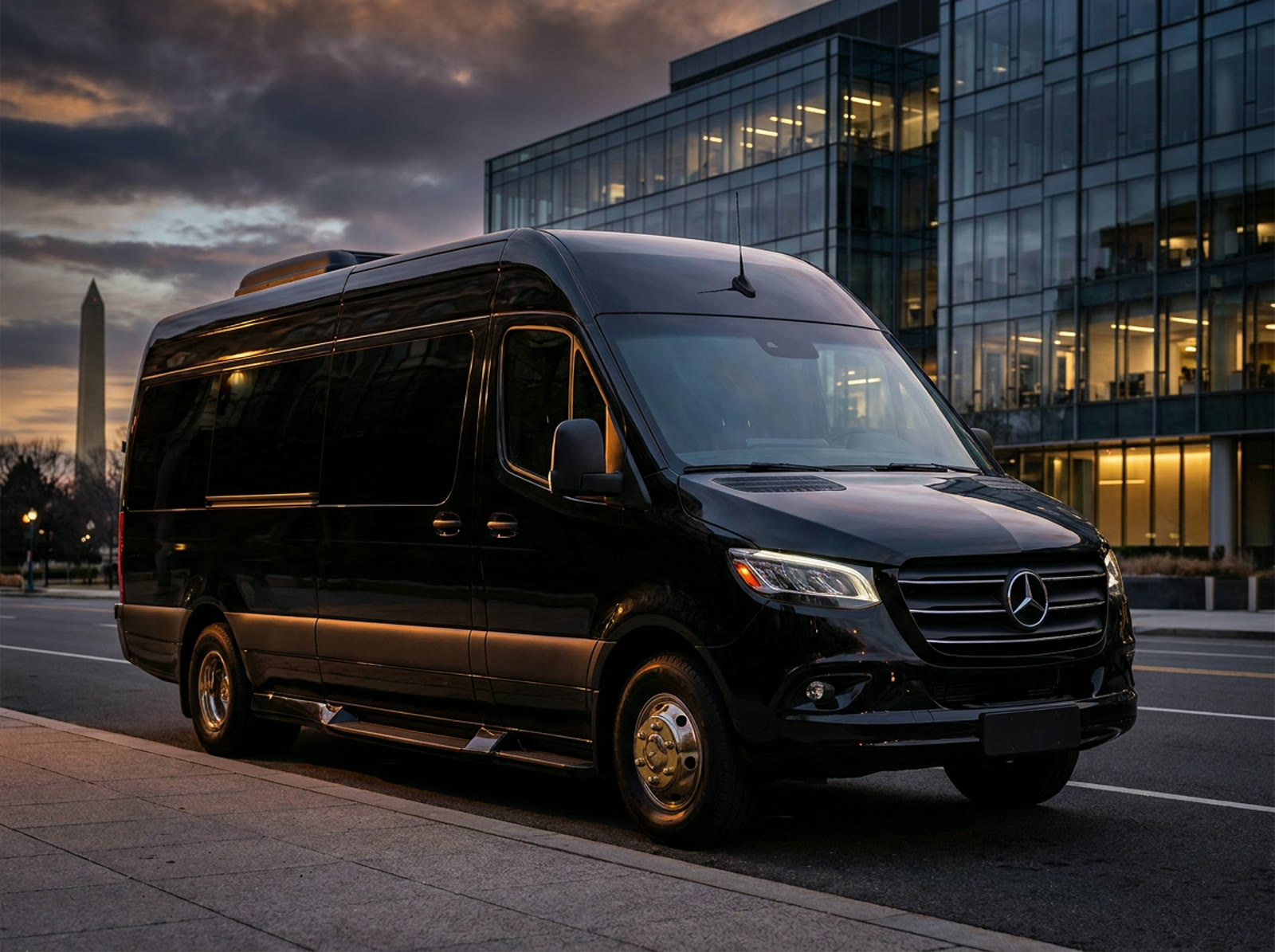 A black Mercedes Sprinter van staged outside a modern building at dusk