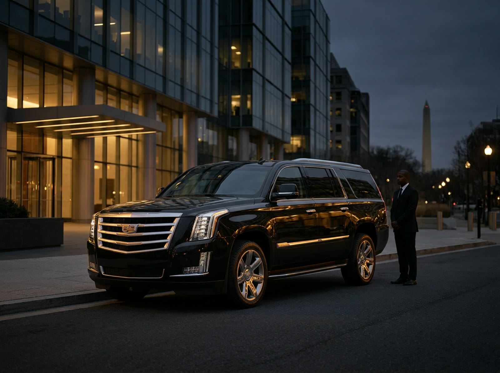 A chauffeur waiting beside a Cadillac Escalade near the Washington Monument